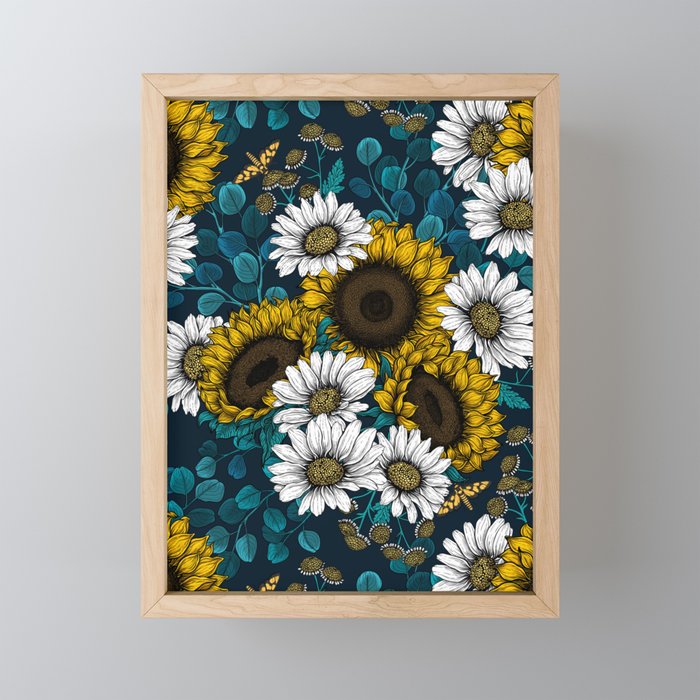 Sunflowers and daisies, summer garden Framed Mini Art Print