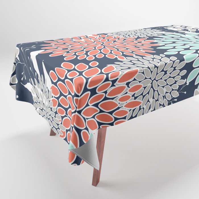 Floral Prints and Leaves, Navy, Aqua Coral and Gray Tablecloth