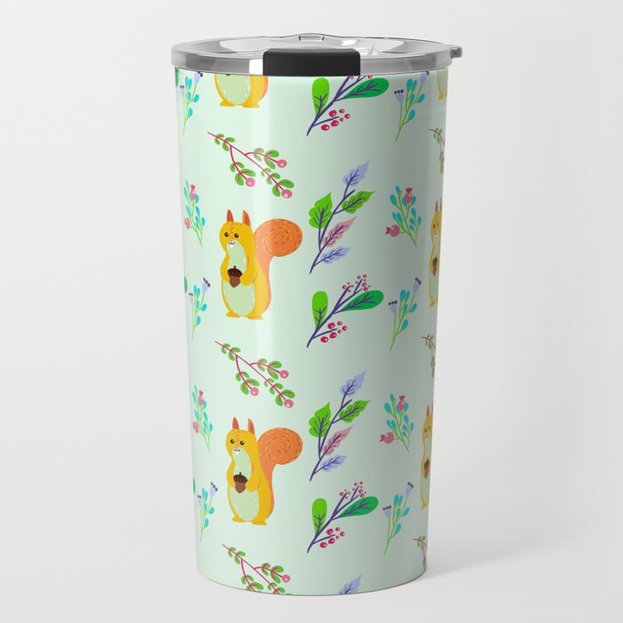 Cute hand painted yellow orange squirrel teal coral floral pattern Travel Mug