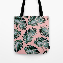 Pink and Green Tropical Leaf Print Tote Bag