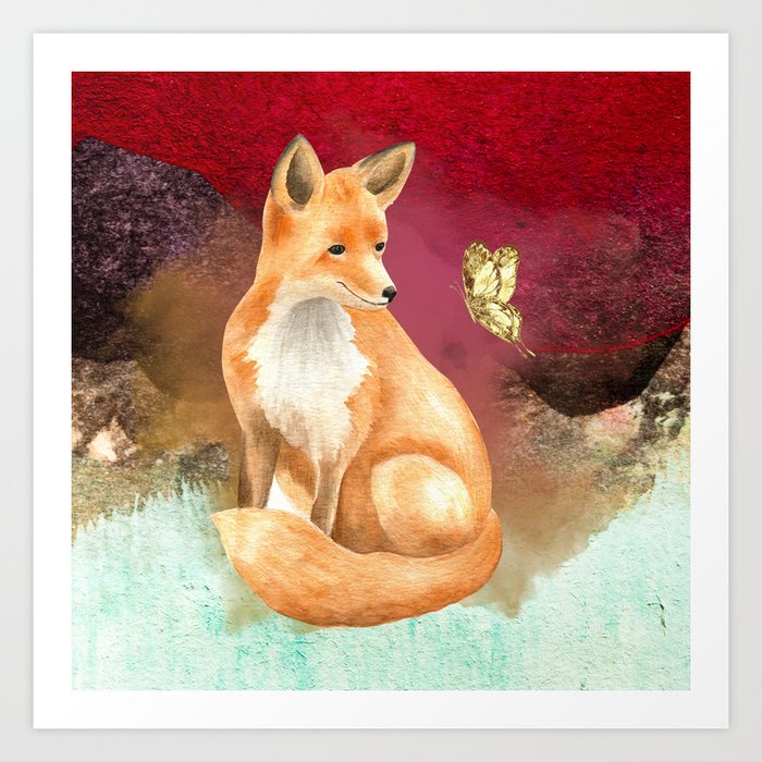 Fox and butterfly #1 Art Print