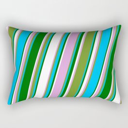 [ Thumbnail: Eye-catching Plum, Green, Deep Sky Blue, Dark Green, and White Colored Lined/Striped Pattern Rectangular Pillow ]