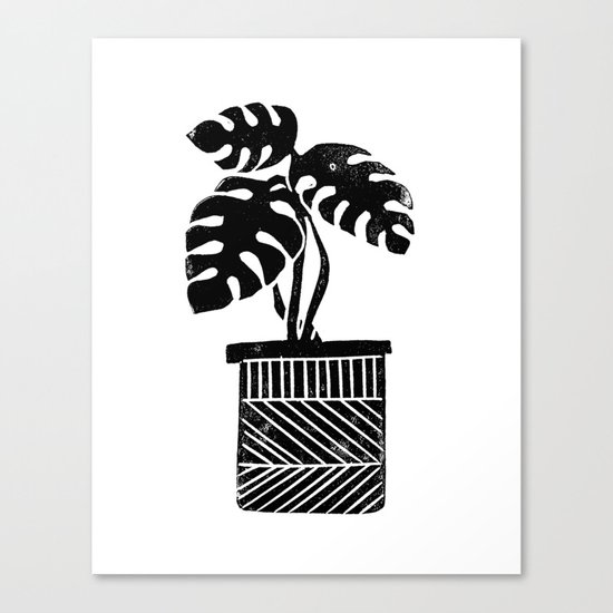 Linocut cheese plant monstera tropical leaf lino print black and white illustration art home dorm Canvas Print