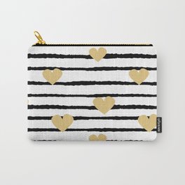cute pattern with hand drawn gold hearts on black and white stripes Carry-All Pouch