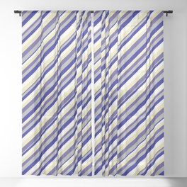 [ Thumbnail: Vibrant Dark Slate Blue, Dark Gray, Dark Blue, White, and Pale Goldenrod Colored Striped Pattern Sheer Curtain ]