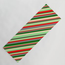 [ Thumbnail: Eyecatching Light Green, Red, Gray, Dark Green, and Tan Colored Lined/Striped Pattern Yoga Mat ]
