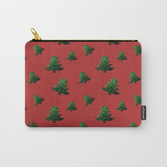 Christmas tree green sparkles pattern on Red Carry-All Pouch