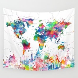world map watercolor collage Wall Tapestry