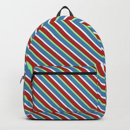 [ Thumbnail: Blue, Mint Cream, Red, and Green Colored Stripes/Lines Pattern Backpack ]