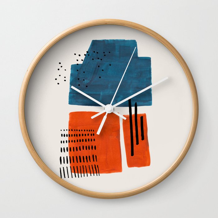 Burnt Orange Jewel Teal Blue Mid Century Modern Funky Colorful Shapes Patterns by Ejaaz Haniff Wall Clock