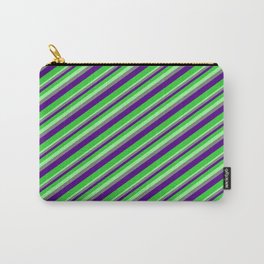[ Thumbnail: Green, Gray, Indigo, and Lime Green Colored Stripes Pattern Carry-All Pouch ]