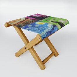 The Starry Night - La Nuit étoilée oil-on-canvas post-impressionist landscape masterpiece painting in alternate four-color collage gold, pink, blue, and green by Vincent van Gogh Folding Stool