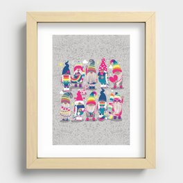 I gnome you // grey background little happy and lovely gnomes with rainbows fuchsia pink hearts Recessed Framed Print