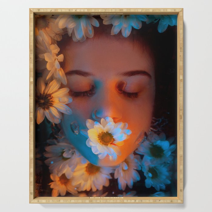 Wild daises; young woman underwater with flowers floral surreal fantasy color portrait photograph / photography Serving Tray