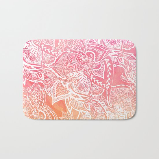 Modern pink coral ombre sunset watercolor floral white boho hand drawn pattern Bath Mat