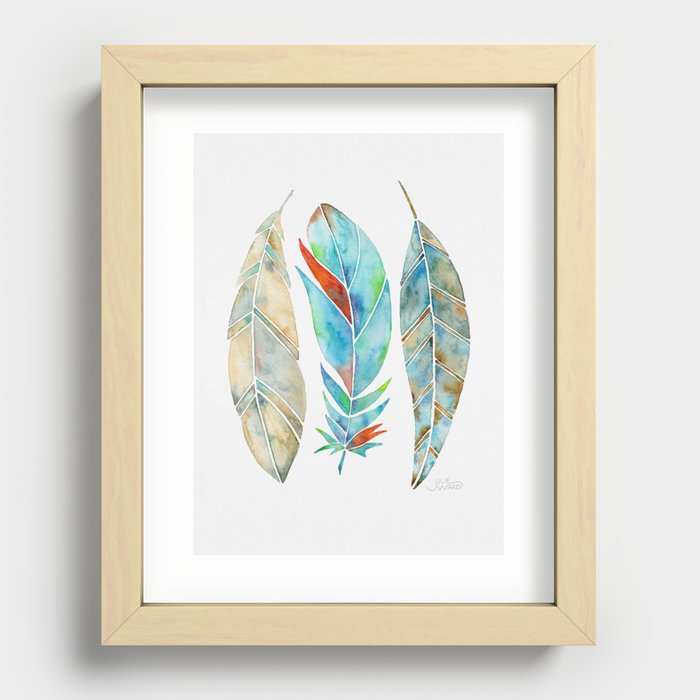 Watercolor Feathers - Tan & Turquoise  Recessed Framed Print