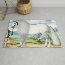 A Dappled Gray Stallion Tethered in a Landscape Area & Throw Rug