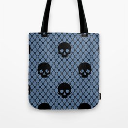 Black skulls Lace Gothic Pattern on Slate Blue Tote Bag