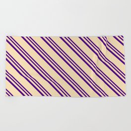 [ Thumbnail: Indigo and Tan Colored Stripes/Lines Pattern Beach Towel ]