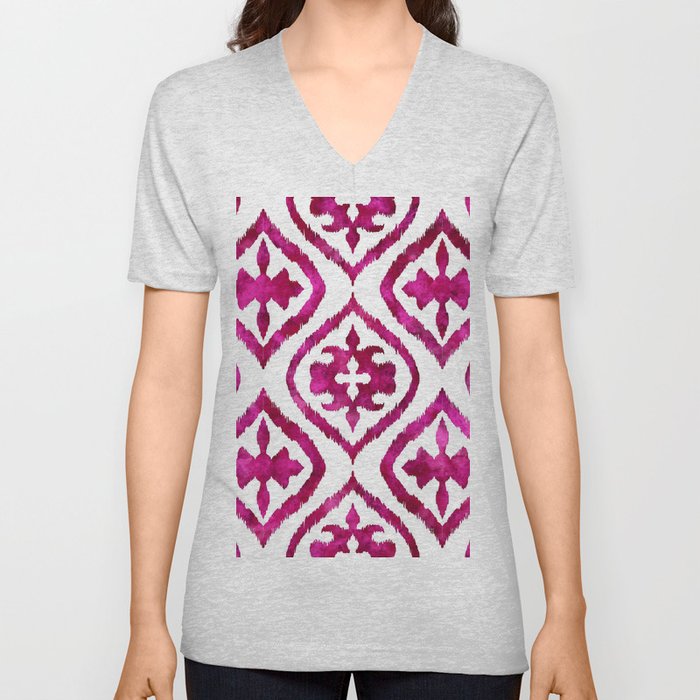Fuchsia Ethnic Ikat Pattern V Neck T Shirt