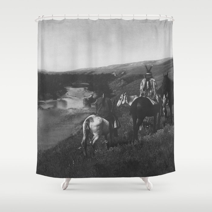 Native American Piegan Tribe, Two Medicine Men - Shaman - with Warrior hilltop above river black and white photograph Shower Curtain