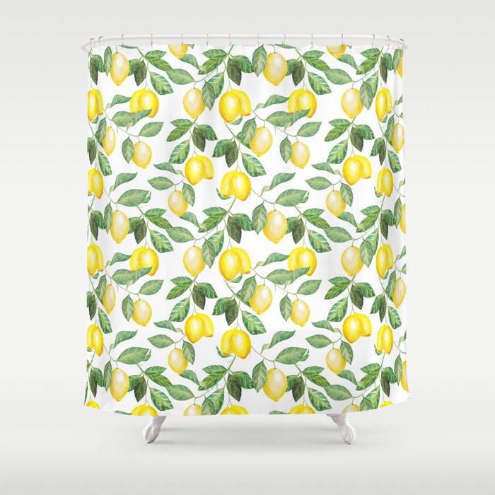 Modern Green Yellow Watercolor Lemon Summer Fruit Shower Curtain