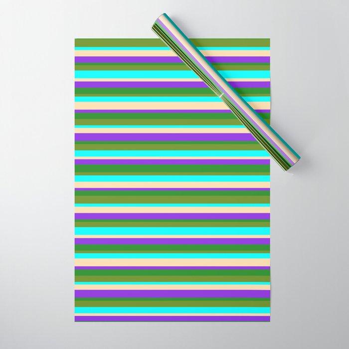 Vibrant Tan, Purple, Forest Green, Green & Aqua Colored Striped/Lined Pattern Wrapping Paper