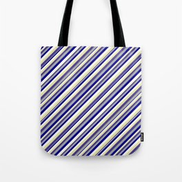 [ Thumbnail: Vibrant Dark Slate Blue, Dark Gray, Dark Blue, White, and Pale Goldenrod Colored Striped Pattern Tote Bag ]