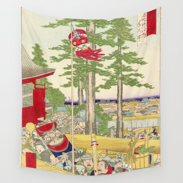 Forty-Eight Famous Views of Tokyo - Year-end Market at Kanda Myojin Shrine - Shōsai Ikkei 1871 Wall Tapestry