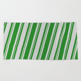 [ Thumbnail: Forest Green and Light Gray Colored Stripes Pattern Beach Towel ]