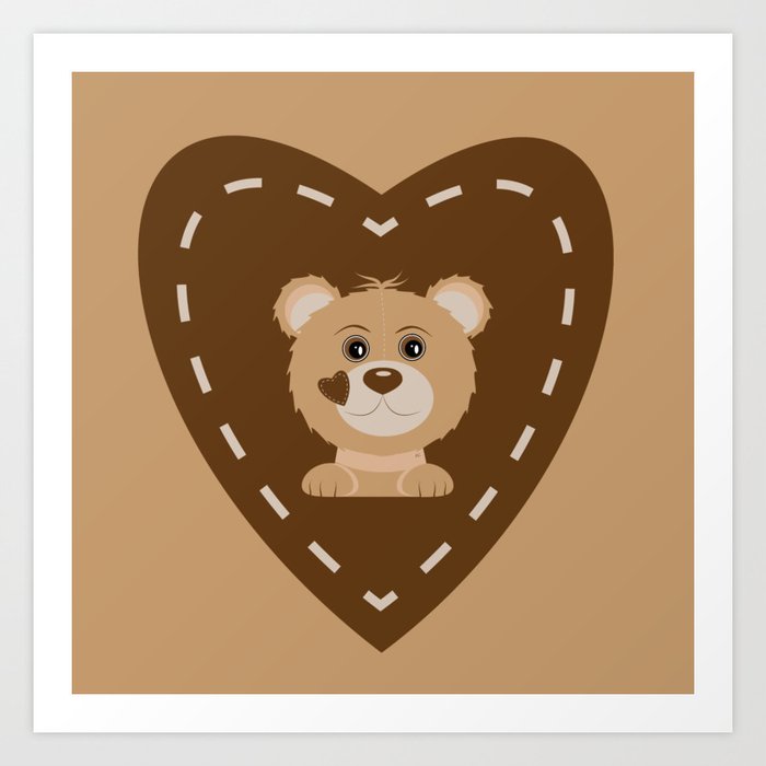Little Bear with Brown Stitched Heart Art Print