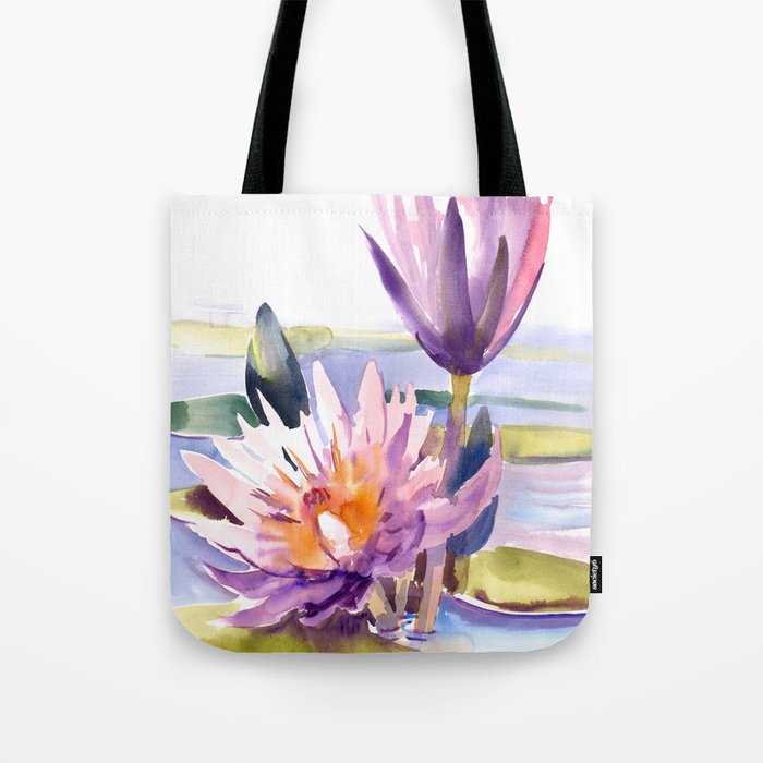 Water Lily,  Lotus, Asian Ink drawing Zen brush pink purple flower Tote Bag