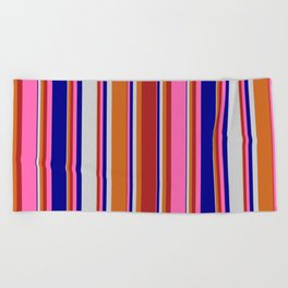 [ Thumbnail: Eyecatching Chocolate, Red, Hot Pink, Dark Blue & Light Gray Colored Lines/Stripes Pattern Beach Towel ]