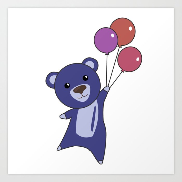 Bear Blue Flies With Balloons Sweet Animals Bear Art Print