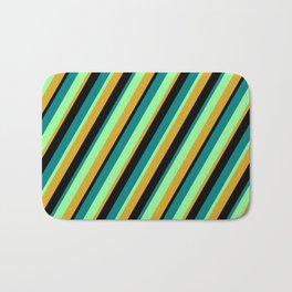 [ Thumbnail: Green, Goldenrod, Black, and Teal Colored Lined/Striped Pattern Bath Mat ]