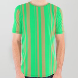 [ Thumbnail: Dark Khaki and Green Colored Stripes/Lines Pattern All Over Graphic Tee ]