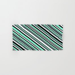 [ Thumbnail: Eyecatching Aquamarine, Gray, Dark Slate Gray, White & Black Colored Striped Pattern Hand & Bath Towel ]