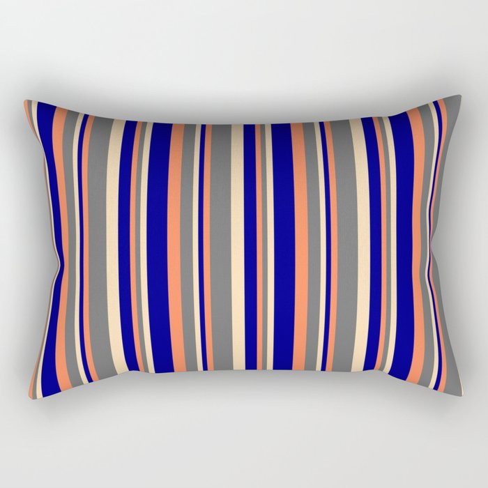 Coral, Dim Gray, Tan & Blue Colored Pattern of Stripes Rectangular Pillow