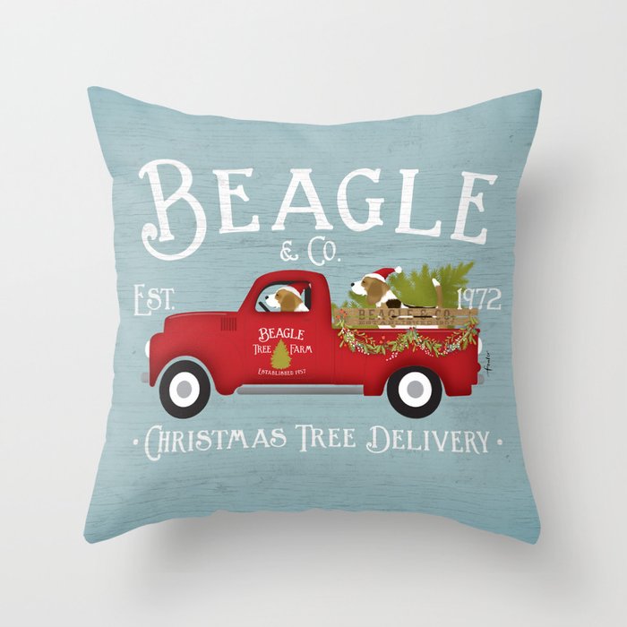 Beagle Dog Christmas Red Vintage Truck Farm Throw Pillow