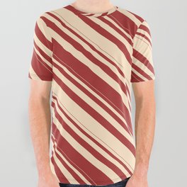 [ Thumbnail: Brown & Bisque Colored Lined Pattern All Over Graphic Tee ]