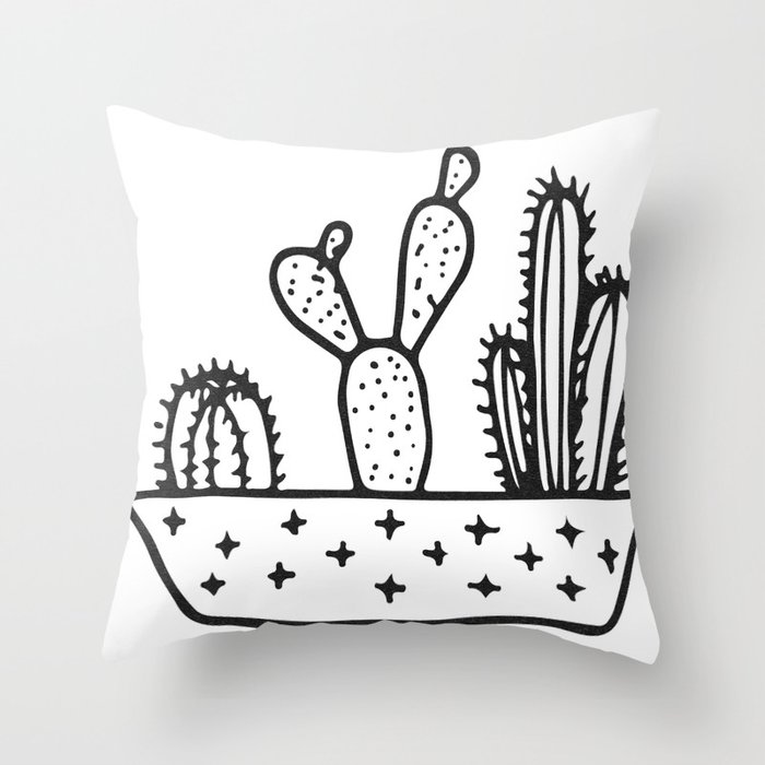 Cactus House Garden Black and White Throw Pillow