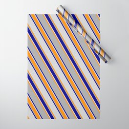 [ Thumbnail: Dark Grey, Dark Blue, Light Gray & Dark Orange Colored Lines/Stripes Pattern Wrapping Paper ]
