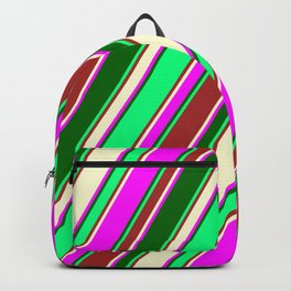 [ Thumbnail: Eyecatching Green, Brown, Light Yellow, Fuchsia, and Dark Green Colored Stripes Pattern Backpack ]