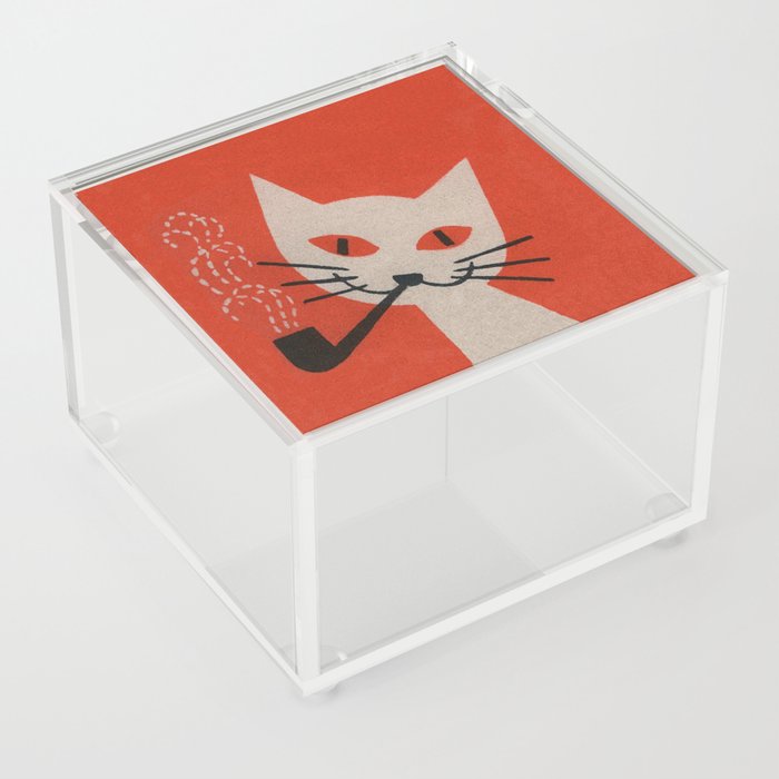 Retro White Cat Smoking a Pipe Acrylic Box