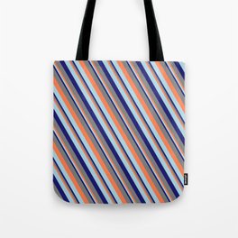 [ Thumbnail: Coral, Light Blue, Midnight Blue & Gray Colored Lines Pattern Tote Bag ]
