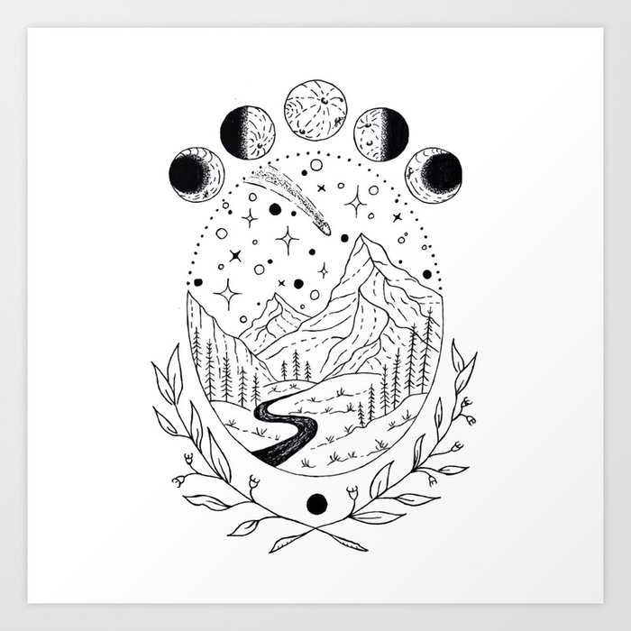 Moon Phases With Shooting Star Over Mountain Creek Art Print By Lapetitemesange Society6