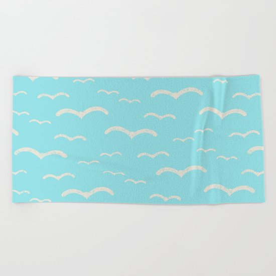 Beach Series Aqua- Sea Gulls Birds in the blue Sky Beach Towel