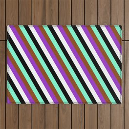 [ Thumbnail: Eyecatching Aquamarine, Brown, Dark Orchid, White & Black Colored Lines Pattern Outdoor Rug ]