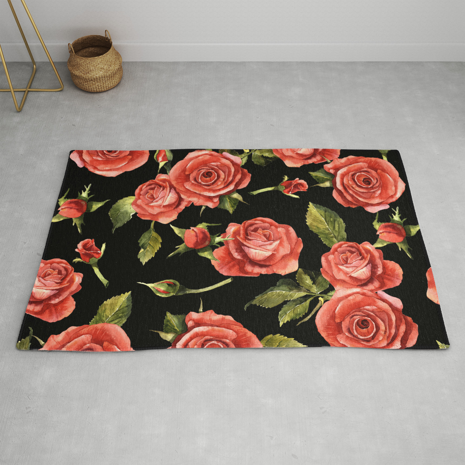 Vintage Red Roses On Black Rug By, Rugs With Roses On Them