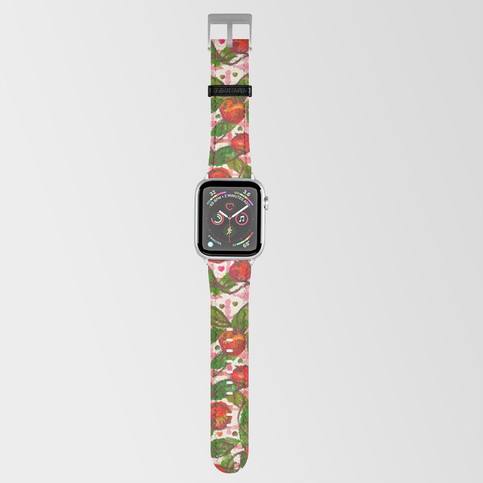 The apples and leaves seamless repeat pattern in pink gingham background Apple Watch Band